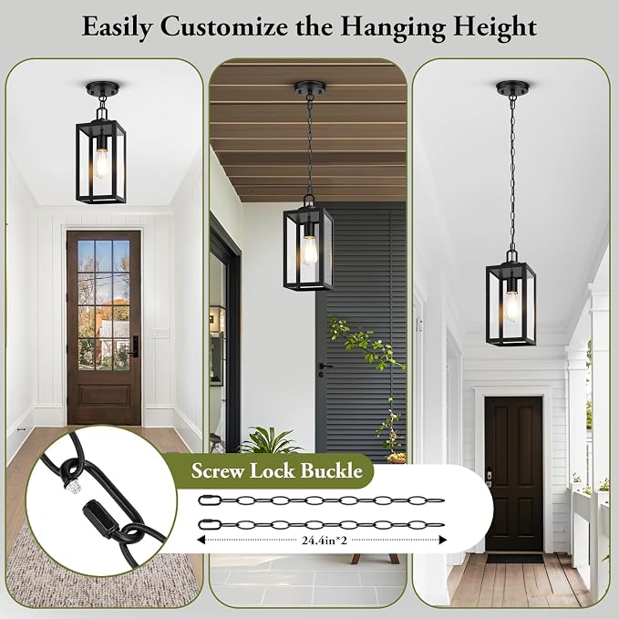 Outdoor Pendant Light, Modern Hanging Lantern for Porch, Black | Hanging Height Adjustable, Waterproof, Rust-Resistant, Durable Metal & Clear Glass, Standard E26 Sockets, Easy to Install