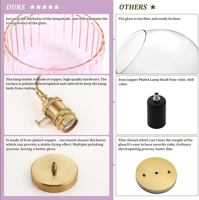 Shenmoyl Pendant Light with Pink Striped Glass Lmapshade, Brass Vintage Pendant Light Adjustable Hanging Light for Kitchen Island Dining Room Hallway