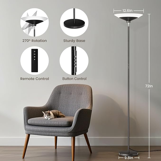 Torchiere Floor Lamp - 72" Tall LED Standing Lamp with Remote/Button Control, 1800Lm, 3000-6500K, 30W Dimmable Modern Corner Floor Light for Living Room Bedroom Office Apartment, Black