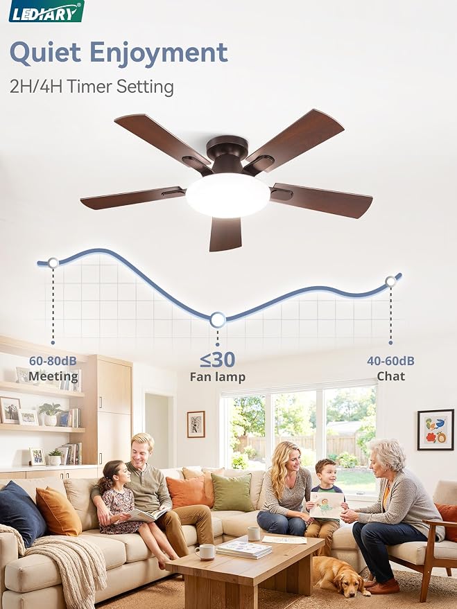 LEDIARY 42 Inch Flush Mount Ceiling Fans with Lights, Remote & APP Control | Bright Light, 3CCT, Dimmable, Memory Function, Timer, Reversible Blade, Quiet DC Motor, Damp-Rated, Bedroom, Covered Patio