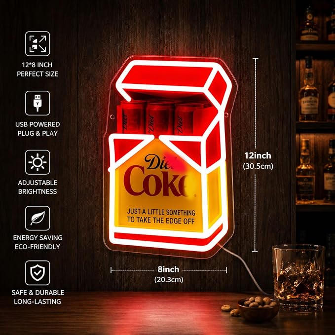 Vintage Fridge Cig Pack LED Neon Sign for Wall Decor, USB Powered Dimmable Neon Light, Retro Beverage Box Light for Home Bar, Man Cave, Garage, Game Room, Pub Decor