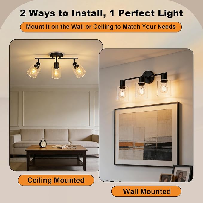 HiBay 3-Light Track Lighting Fixture Black, Ceiling Wall Mount Spotlights | Adjustable 3 Heads with Glass Shades, Modern Farmhouse Industrial, for Kitchen Island, Bathroom, Bedroom, E26 Base