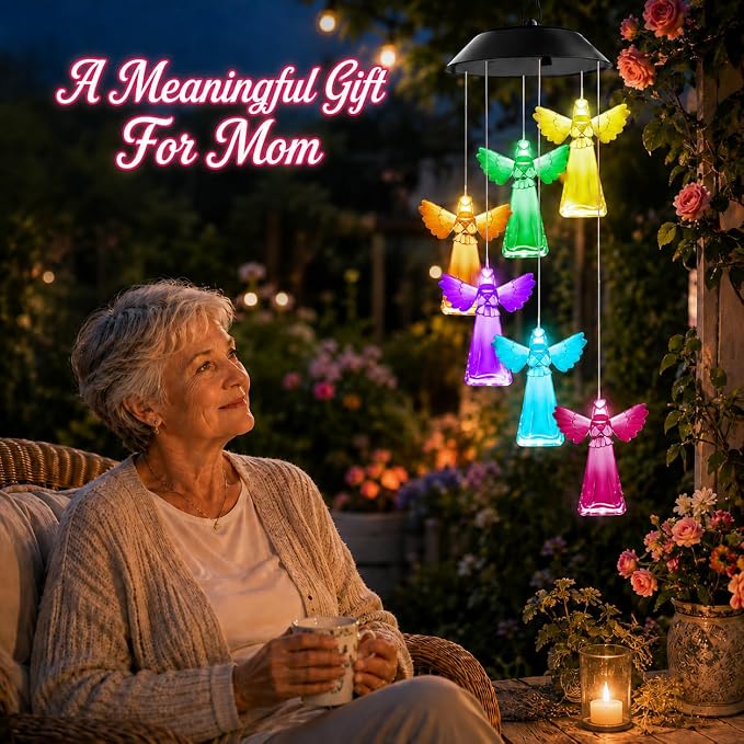 Winzwon Angel Solar Wind Chimes for Outside, Memorial Garden Decorations | Christian Gifts for Women, Mom, Grandma, Sister, Memorial Gifts for Loss of Loved One, Solar Lights Outdoor Yard Decor