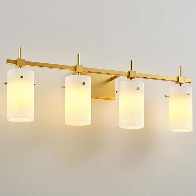 SOLFART Bathroom Light Fixtures, 4 Light Vanity Lights for Bathroom, Gold Wall Light with Milky White Glass for Mirror, Living Room, Hallway, Cabinet, E26 Base (Bulbs Not Included)