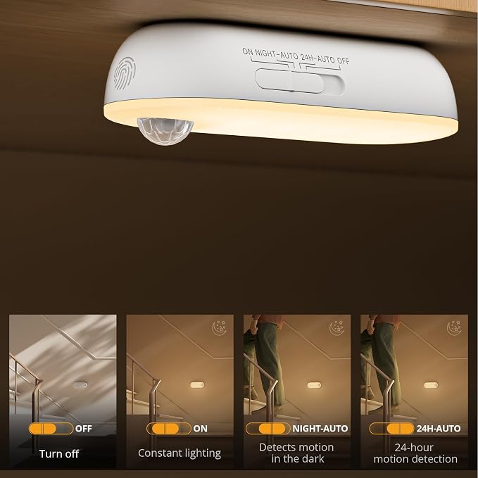 Rechargeable Night Light with Motion Sensor, 1500mAh Battery Operated Nightlights, Stick-on LED Closet Light, 1-80LM Dimmable Brightness for Bathroom, Kitchen, Stairs, Hallway, 3 Packs