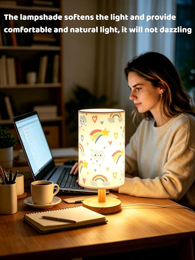 Rainbow Lamp for Girls Bedroom Bedside Table Lamps 3 Color Modes Kids Nightstand Night Light Lamp, Flaxen Fabric Shade Reading Desk Lamp for Nursery Living Room Office Rainbow Decor Gifts for Girls