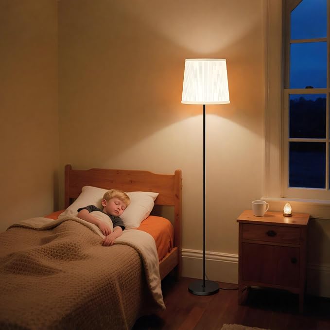 Dimmable Floor Lamp with Pleated Shade for Living Room | Dimmable LED Standing Lamp with Foot Switch, Modern Floor Reading Light for Bedroom Office Corner