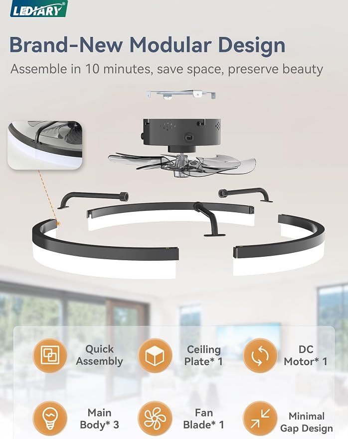 LEDIARY 23" Low Profile Ceiling Fans with Lights, APP & Remote, Black | Flush Mount, Dimmable LED, Quiet DC Motor, Reversible, 6 Speeds, Fandelier, for Bedroom