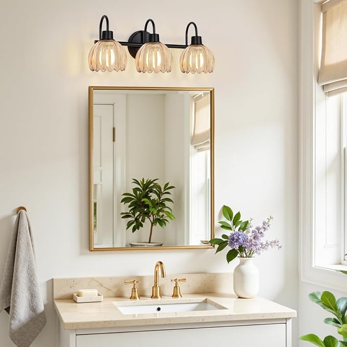 Bathroom Light Fixtures, 3-Light Black Vanity Light with Ribbed Amber Tulip Glass Shades, 20-Inch Bathroom Lighting Over Mirror for Bedroom, Living Room, Hallway (Bulbs Not Included)