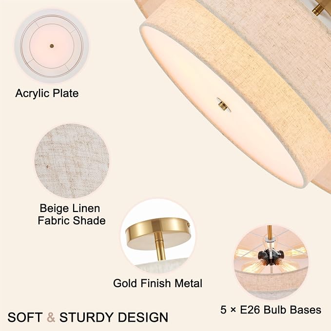 25.6" Large Gold Semi Flush Mount Ceiling Light，5-Light Linen Shade | Modern Fabric Drum Ceiling Light Fixture，E26 Base for Living Room ,Bedroom ,Kitchen ,Dining Room ,Hallway,closet,laundry room