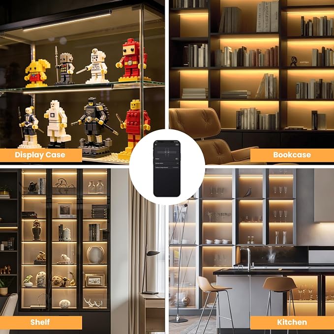Black Shelf Lights, LED Bookcase Lighting Compatible with Alexa, WiFi Dimmable 2700K Under Shelf Lighting for Bookshelf, Display Case, Cabinets with App, Remote, Memory Function (4Pack 12In)