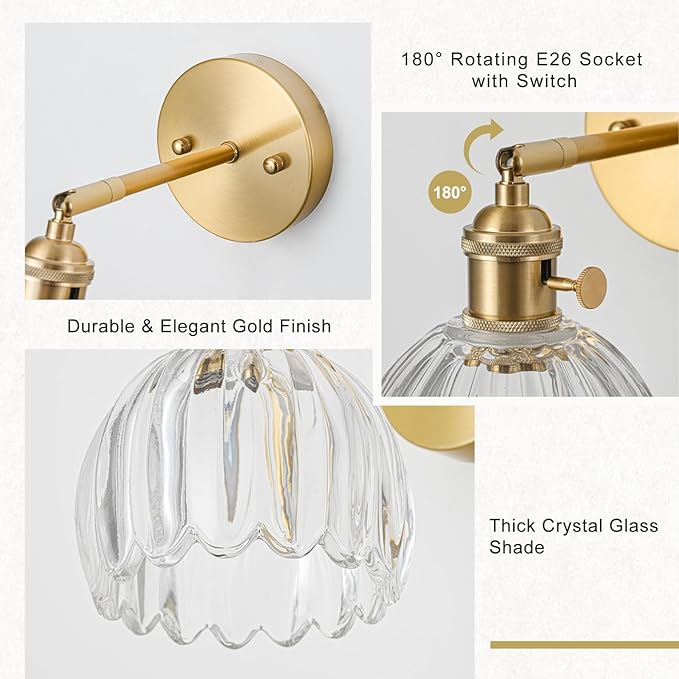 Hardwired Wall Sconce Light, Vintage Wall Sconce with Switch, Gold Wall Light Fixture with Tulip Transparent Glass Lampshade, Indoor Wall Light for Bedroom Bathroom, Bedside Wall Lamp