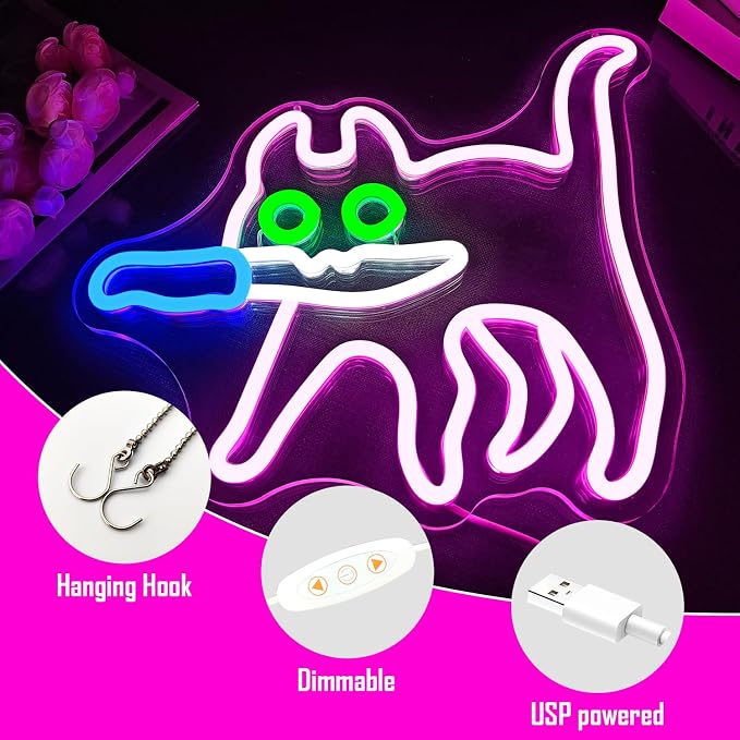 Cautiously Cat Neon Signs for Wall Decor Dimmable Sneaky Cat Knife Neon Light Sign for Bedroom Pink Anime Cat Neon Sign for Zoo Cat Cafe Cat Man Cave