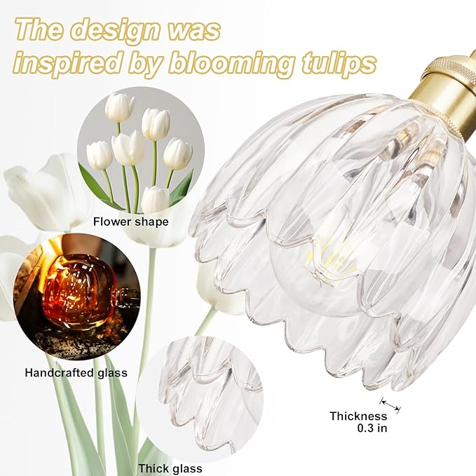 Vintage Bathroom Light Fixtures,4-Light Hardwired Vanity Lights with Clear Tulip Glass Shade,Gold Bathroom Vanity Light for Mirror Restroom,E26 Socket,25.2 in(Bulbs Not Included)