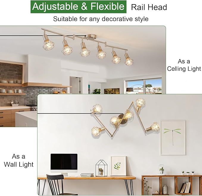 6 Light Plug in Ceiling Light Track Lighting Fixture,19.6tf Long Cord with On/Off Switch Modern Farmhouse Track Light Fixture for Livingroom Bedroom Kitchen E26 Base