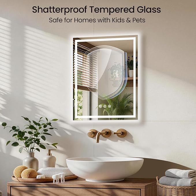 24x32 LED Bathroom Mirror with Anti-Fog, Backlit & Front Lit, Memory | Stepless Dimmable 3 Color CRI 95+ Shatterproof Tempered Glass ETL Listed for Safety Lighted Bathroom Vanity Mirror for Wall