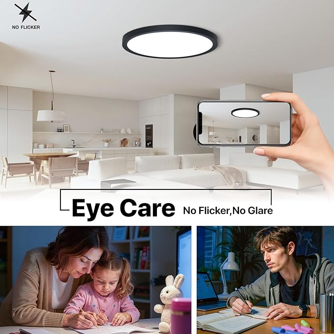 2Pack LED Flush Mount Ceiling Light Fixture Black,12Inch 24W 2640LM,Dimmable 5 CCT Selectable (2700K-6500K),Round Flat Panel Light for Bedroom,0.7Inch Thin Modern Low Profile Design for Hallway
