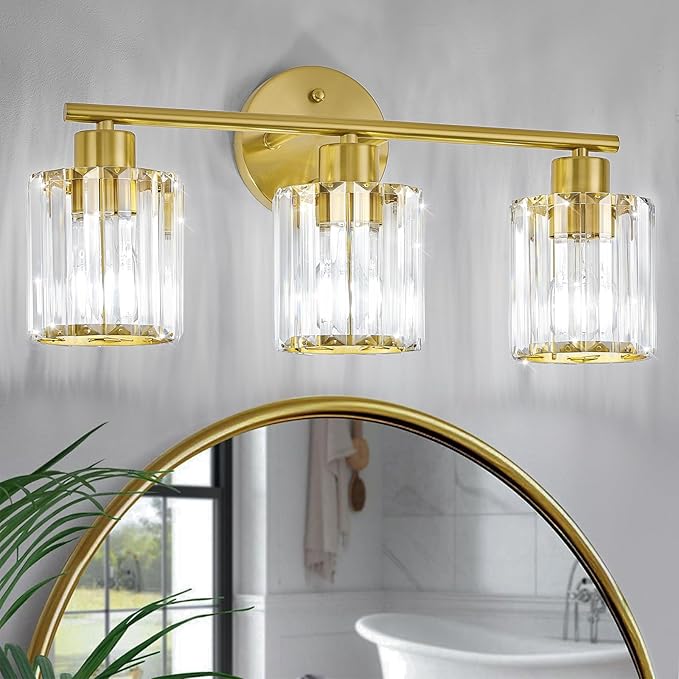 Crystal Bathroom Light Fixtures, Bathroom Lighting Fixtures Over Mirror, Modern 3-Light Gold Vanity Lights for Mirror, Restroom, Kitchen(Ceramic E26 Socket,Bulbs Not Include)