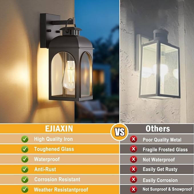 EJIAXIN 2 Pack Outdoor Wall Lights,Modern Black Exterior Wall Lanterns | Waterproof Metal Construction,Rust-resistant,Clear Glass Shades,Standard E26 Socket,Quick Installation,for Garage Doorway