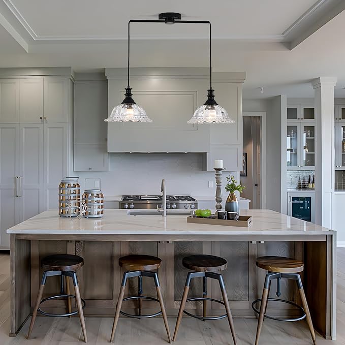 HDDFL 2 Light Pendant Light Fixtures Modern Glass Hanging Lights with Adjustable Cord for Kitchen Island Dining Room Living Room Hallway Black and Clear