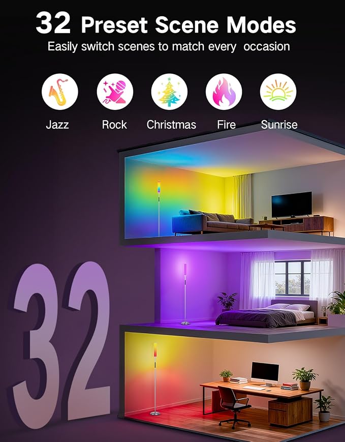 OUTON Bright Smart Floor Lamp with Remote, App & Touch Control, RGB Color Changing Standing Lamp, 2200K-6500K Dimmable, 3 Adjustable Heights, 32 Scenes for Living Room Bedroom Office,Grey