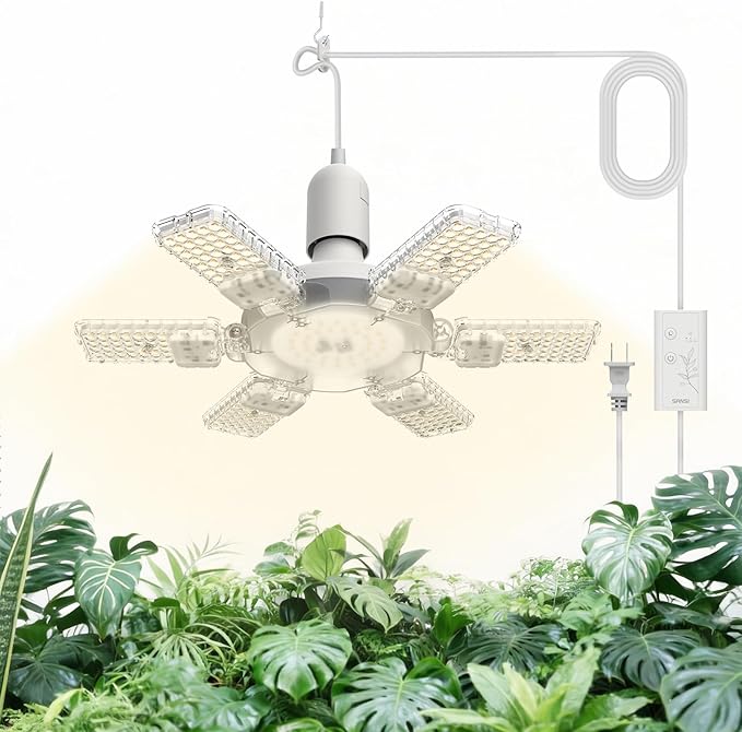 SANSI Grow Lights for Indoor Plants, 60W Plant Lights for Indoor Growing with Timer, 180° Adjustable Wings, High PPFD Full Spectrum, LED Hanging Grow Light, 16.4FT Power Cord for Tall Large Plants