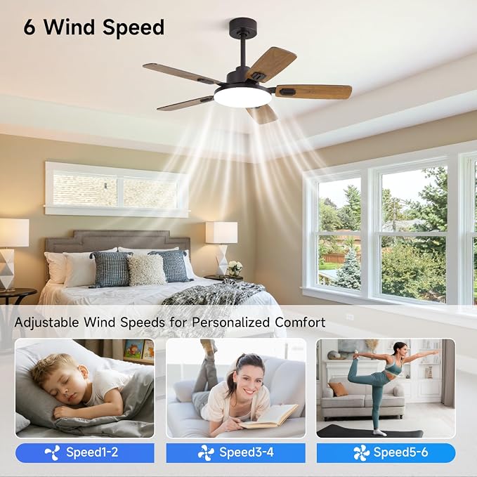 44 Inch Ceiling Fans with Lights and Remote for Bedroom Living Room Kitchen Office, Indoor/Outdoor Use, 5CCT Dimmable, Dual Color 5 Blades, 6 Speed Reversible Quiet DC Motor, Brown/Wood Grain