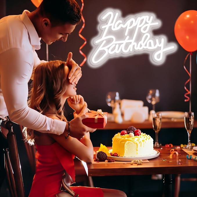 Happy Birthday Neon Sign for Wall Party Decor, LED Happy Birthday Light up Sign for Backdrop, 16"x 11" USB Powered 10 Brightness Settings Light up Signs Party Decorations Backdrop, Cool White