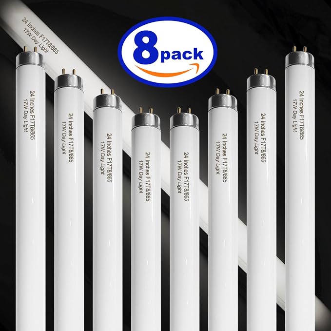 Konideke 24 Inch F17T8/865 Fluorescent Bulb Daylight 6500K, 17 Watt T8 Light Bulb, 2 Foot Fluorescent Light Bulb, 1460 lumens, G13 Medium Bi-Pin Cap 8 Pack