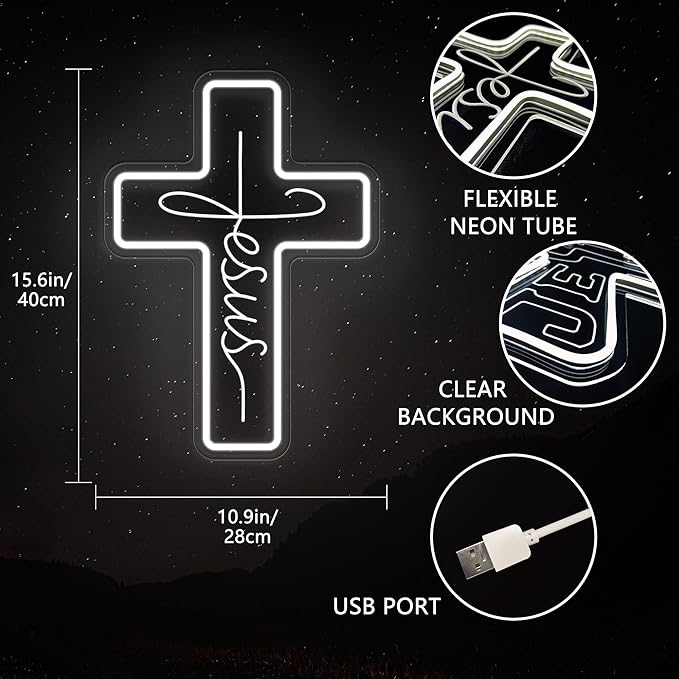 Jesus Cross Neon Signs, Dimmable LED Neon Lights for Wall Decor Bedroom Home Room Party Decor, Light Up Sign for Wedding Christmas Easter Celebrations New Year Gifts