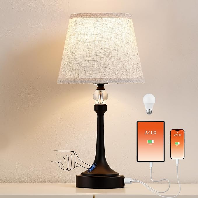 Touch Table Lamp with USB C+A Ports-Black 19.7'' 1pcs | 3 Way Dimmable Table Lamps for Living Room, Metal Small Lamp for Bedroom, Office, End Table, Home Decor, Bulb Included