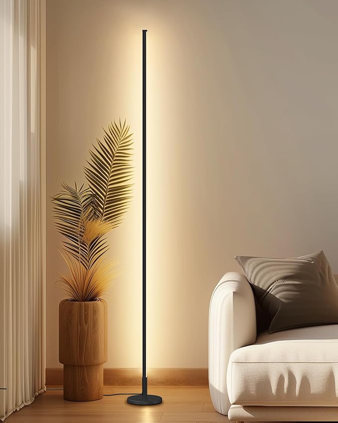 Minimalist Corner Floor Lamp - 2700K-6500K Dimmable LED Light | Modern Standing Mood Lamp with Remote Control for Living Room, Bedroom - 57" - 12W - Black - 1Pack