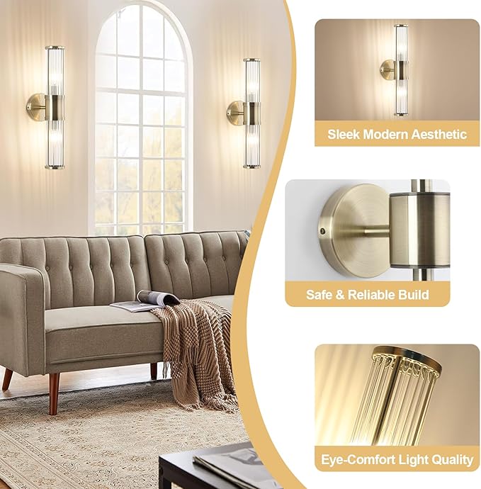 Modern Vanity Light Fixture, Brushed Bronze Wall Sconce with Glass Rod Shades, 2-Light Bathroom Mirror Lighting for Bronze Bathroom Light Fixture & Makeup Application (Bulbs Not Included)