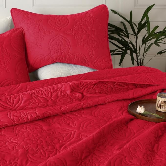 Whale Flotilla King Quilt Bedding Set Vintage Damask Reversible Bedspread | Suitable for Bed, 3 Pieces Red Lightweight Breathable Quilt King Size, Ultrasonic Coverlet Bed Cover with 2 Pillow Shams
