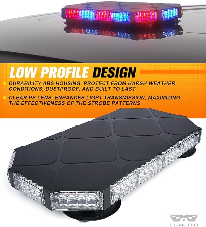 LUMENIX 56 LED Roof Top Strobe Beacon Lights Bar Rooftop Hazard Warning Emergency Safety Flashing Light for Police Law Enforcement Vehicles Fire Trucks Patrol Cars - Red Blue
