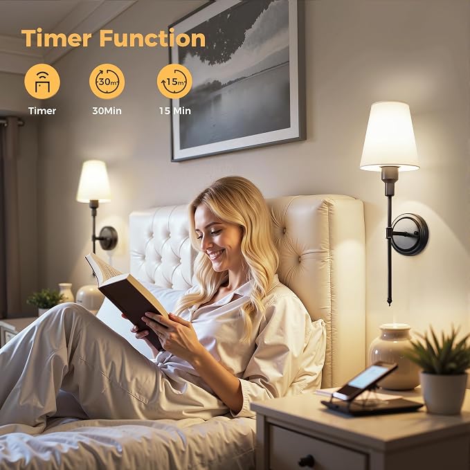 Battery Operated Wall Sconce: Set of 2 Wireless Wall Light 12000mAh | 15 Color Rechargeable Wall Sconces, Sconce Wall Decor Set of 2 for Bedroom, Living Room, Black 20.7in