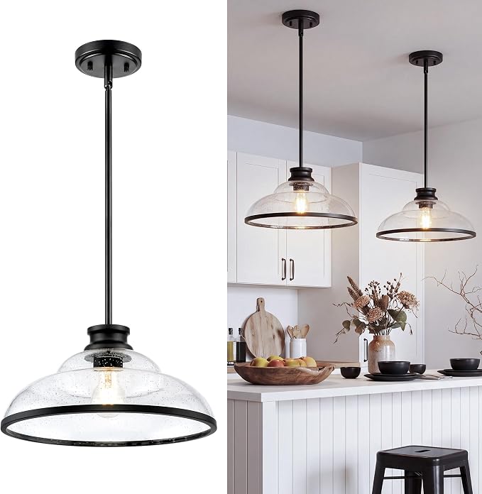 kudos 14" Black Seeded Glass Pendant Light Kitchen Island, KDPL14-BK-M | E26 Bulb Base, Hardwired, Farmhouse Styling, Adjustable Hanging Rods for Flat or Sloped Ceilings, for Kitchen Bars