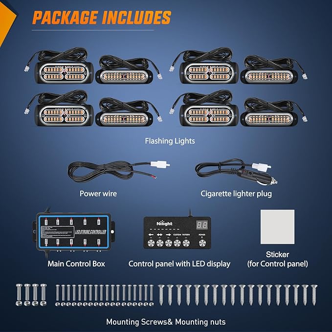 Nilight 8PCS Led Strobe Lights with Controller 12V 24V Sync Feature Amber Light 12 24 LED Surface Mount Emergency Hazard Warning for Vehicle Car Truck RV ATV