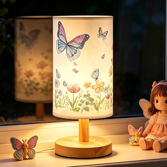 Butterfly Table Lamp for Kids Bedroom, 3-Way Dimmable Bedside Lamp with Wooden Base and Fabric Shade, Floral Butterfly Nursery Night Light for Girls Room Decor, Cute Butterfly Gifts for Kids