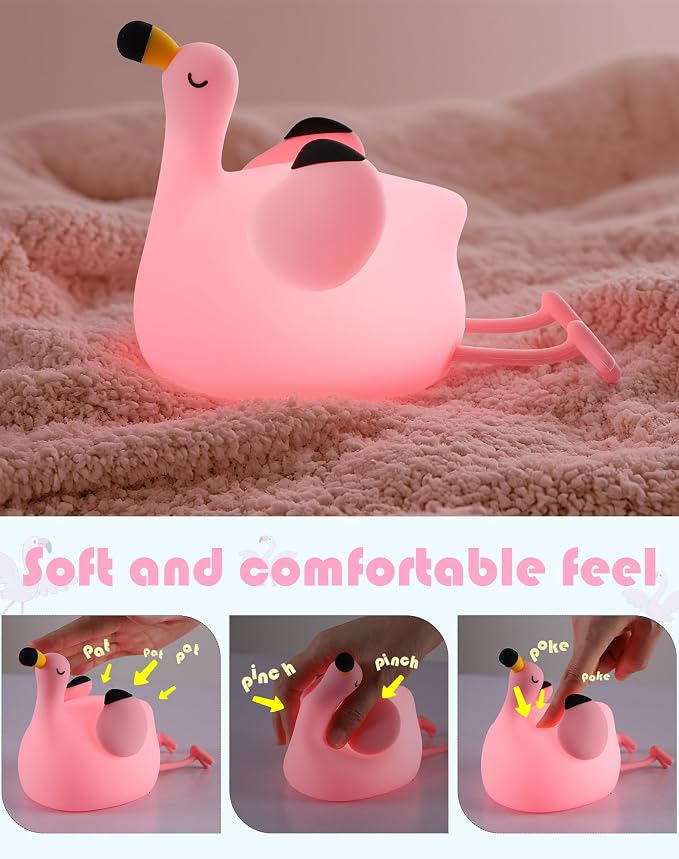 YISUN Flamingo Night Light for Kids, Soft Silicone Nursery Night Lamp Rechargeable LED Bedside Lamp with Timer, 3 Level Dimmable Cute Night Lights for Bedroom, Living Room, Dining, Gift