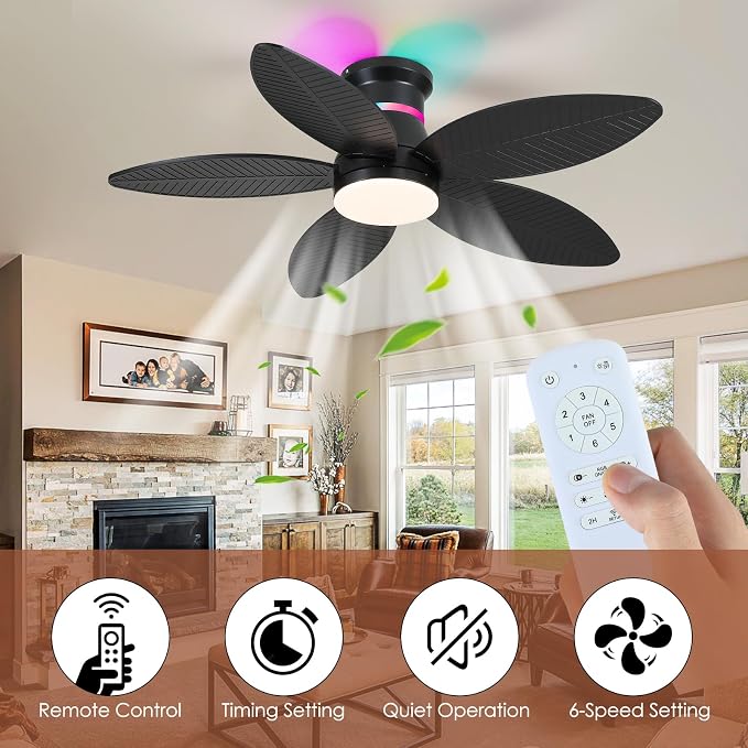 Tropical Palm Leaf RGB Ceiling Fans with Lights 46”, Black Flush Mount Ceiling Fan with Light and Remote, 3CCT Dimmable LED&&Side RGB Light, Reversible 6 Speeds, Quite Low Profile Ceiling Fan Party