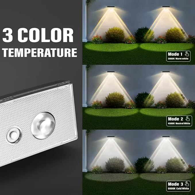 Solar Fence Lights 3 Color Temperatures(3000K/4500K/6000K) Dusk to Dawn Solar Deck Light with ON/Off Push Switch Waterproof Solar Wall Lights for Outside/Backyard/Step/Patio/Pool, 8PACK
