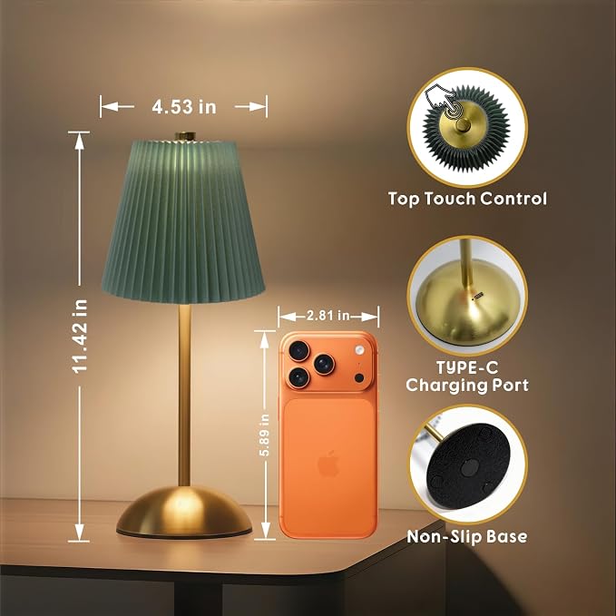2-Pack LED Cordless Table Lamps, Green Rechargeable Battery Lamps | Mini Battery Operated Lamps, Dining Table Lamp Stepless Dimming, Small Touch Lamp for Mahjong Table, Nightstand (Gray-Green)