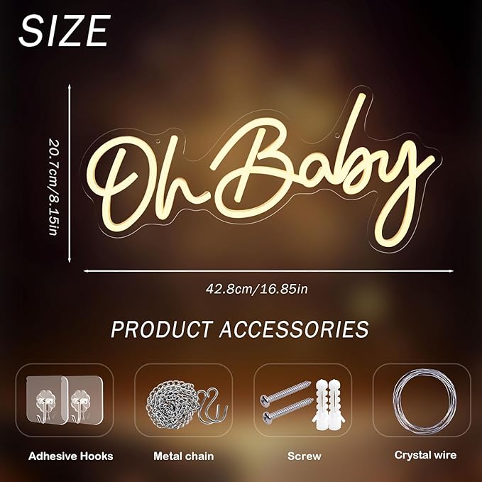 Oh Baby Neon Sign for Backdrop, Baby Shower LED Neon Lights for Wall Decor Dimmable Light Up Sign for Gender Reveal, Birthday Party Decoration, Warm White (16.9"*8.2")
