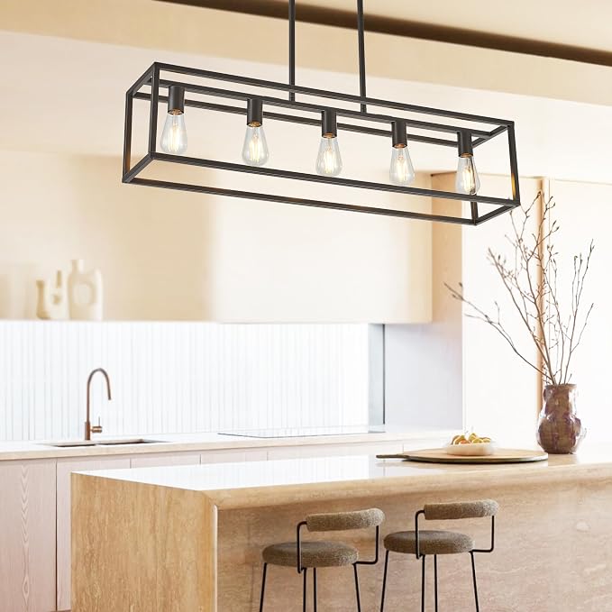 Kitchen Light Fixtures Farmhouse Rectangle Chandeliers Dining Room Light for Dining Rooms, Light Fixture Matte Oil Rubbed Bronze 5-Light Industrial Pendant Lighting