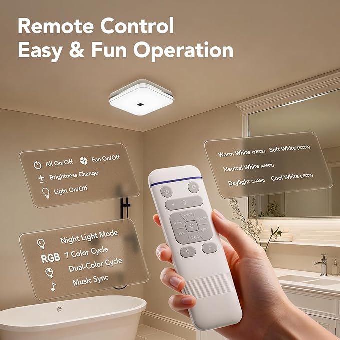 OREiN Matter Smart Bathroom Exhaust Fan with Light, 110 CFM Quiet Bathroom Fan, Tunable White 2700K–6500K & RGB Mood Lighting, Easy Installation, Remote Control, No Speaker, Works with Alexa & Google