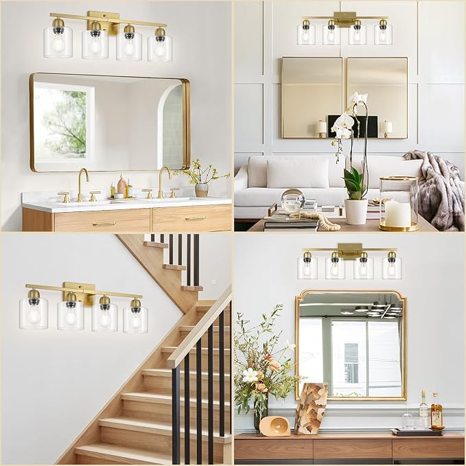 Modern Brushed Gold 4 Light Bathroom Light Fixtures, 24 inch Vanity Lights for Bathroom with Clear Glass, Bathroom Vanity Light for Mirror Kitchen Living Room Hallway Cabinet Porch