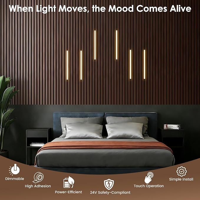 Slat Wall Lights for Wood Panel-6PCS LED Recessed Lighting Kit | White Light Cover Adhesive Black LED Strip Light for Interior Wood Slat Wall,Dimmable &Touch 3000K Wall Panel Light