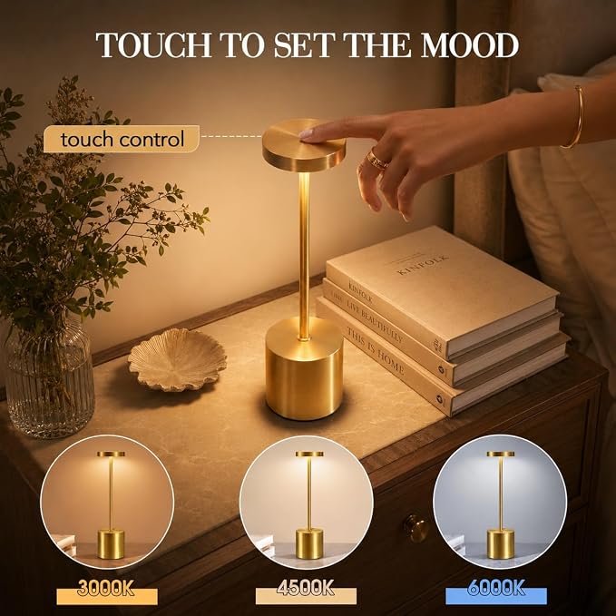 AUDLES Gold Cordless Table Lamps Set of 2, Brass Rechargeable Lamp, Battery Operated Lamps for Wedding Centerpiece & Holiday Tablescape, Touch Dimmable Glam Bedroom Nightstand Lamp, IP54 Waterproof