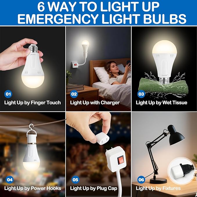 10 Pack A19 Rechargeable Bulbs for Lamps Emergency Light Bulbs for Power Outage Hurricane Blizzard, E26 9W 3000K Warm Battery Backup LED Light Bulbs for Outdoor Camping Hiking